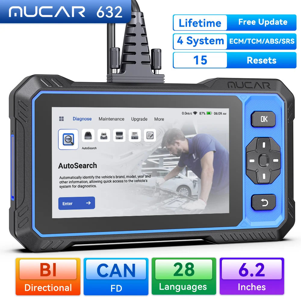 أداة تشخيص MUCAR 632 AI الذكية Obd2 CANFD Protocal ECM/Transmission/ABS/SRS Diagnosis 15 إعادة تعيين تحديث مجاني مدى الحياة