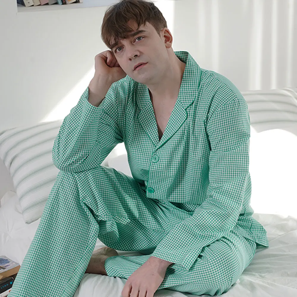 S-3XL Men's Pajamas Pajama-check Pure-cotton-sage Homewear Set Indoor-wear Lightwear