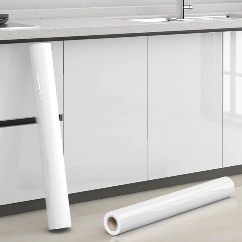 Glossy White Self-Adhesive Wallpaper Waterproof Oil-Proof PVC Cabinet Sticker Furniture Renovation Film for Kitchen