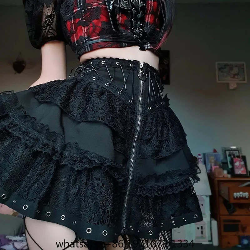 Gothic Skater Punk Vintage High Wasit Skirt Women's Zipper Front Japanese Style Kawaii Black Harajuku Cosplay Mini Skirts
