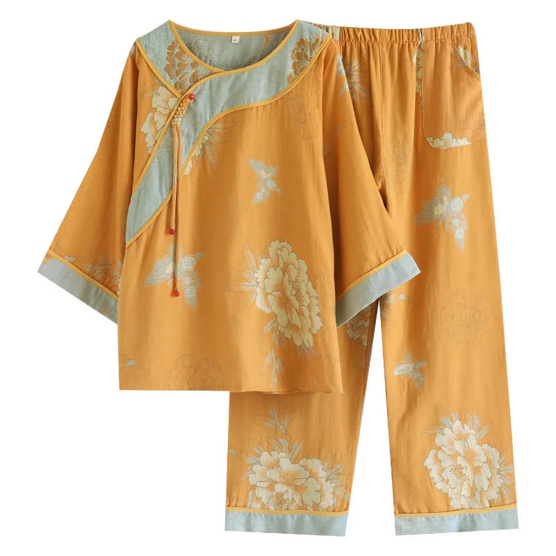 2026 Autumn National Style Yarn-dyed Pure Cotton Pajamas Double-layer Gauze Jacquard Long-sleeved Loungewear Can Be Worn Outside