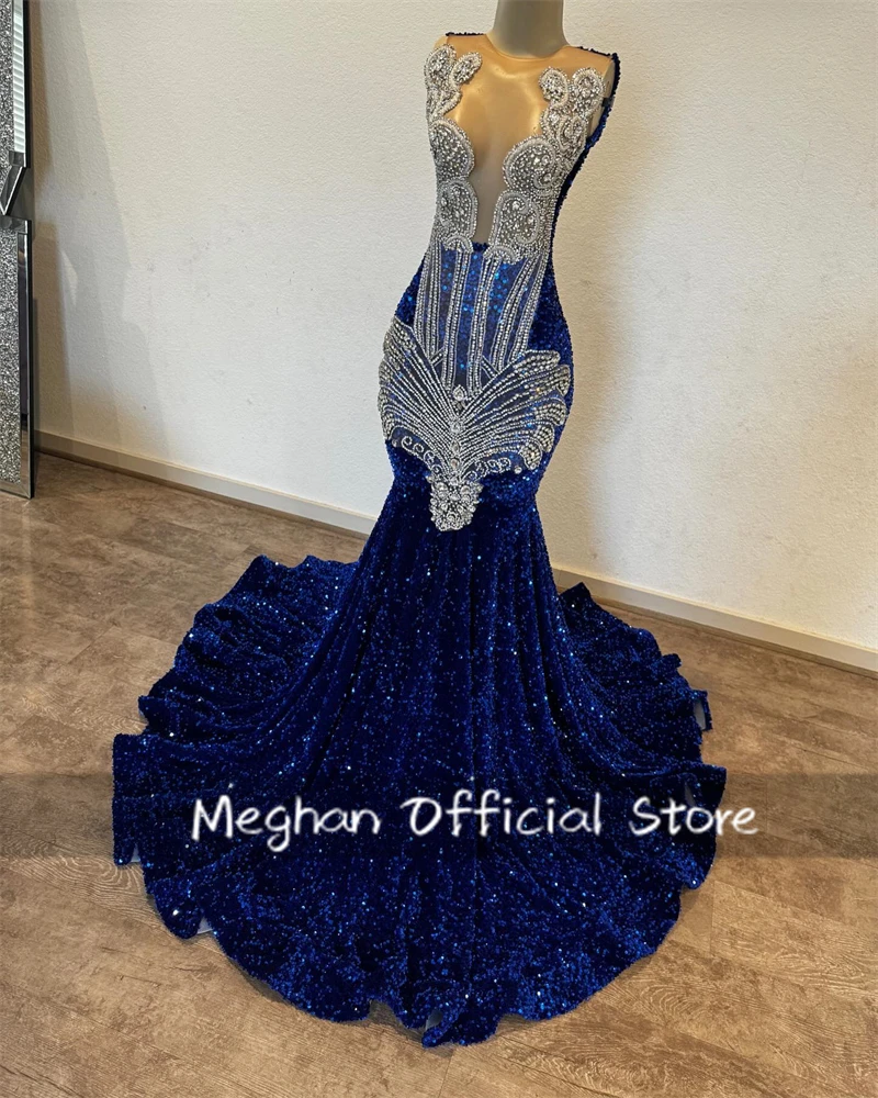 Royal Blue O N Long Prom Dresses For Black Girls Bead Crystal 2025 Birthday Luxury Dress Sequin Evening Gown Back Out Customized