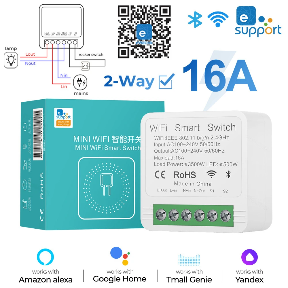 WiFi Smart Switch 16A DIY Module Mini 2 Way Light Switch Smart Home Automation Works with Alexa Google Alice eWeLink APP