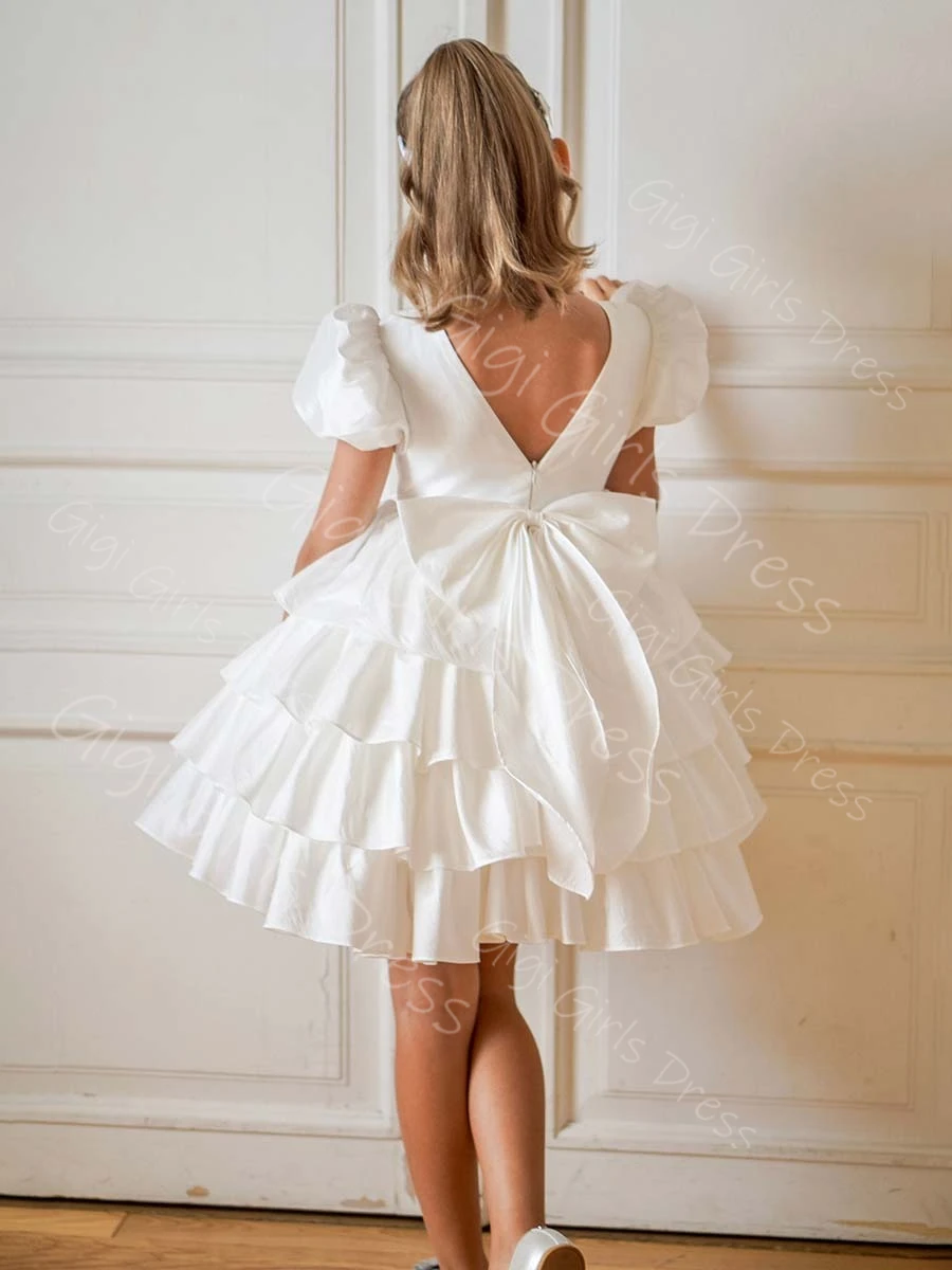 Vestido de princesa personalizado para meninas, vestido de primeira comunhão com mangas bufantes em camadas de chiffon para festa de casamento, mini comprimento com laço
