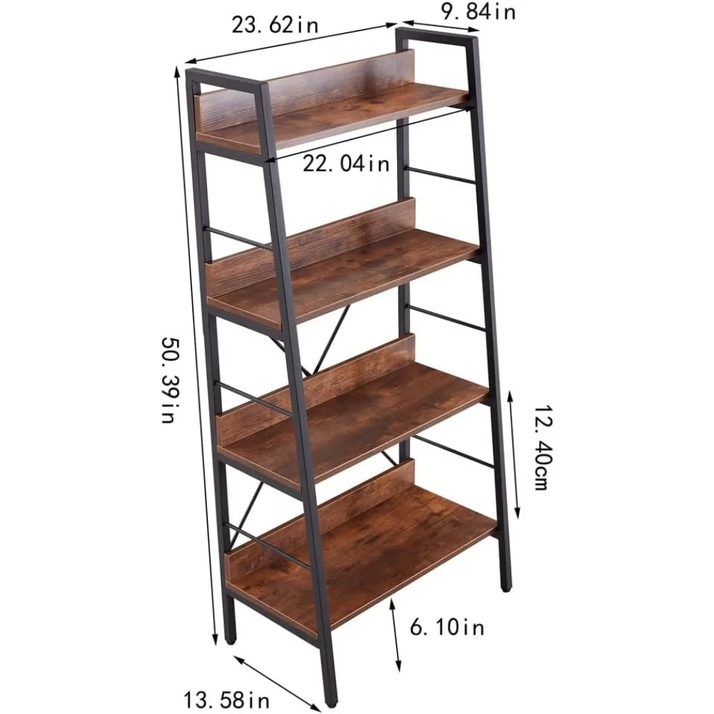 رف كتب بإطار معدني مع أرفف على شكل سلم، وحدة رف تخزين MDF بلمسة نهائية بنية للمكتب المنزلي #2