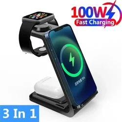 100W Wireless Charger 3 In 1 Stand Dock For Apple Watch 8 7 AirPods iPhone 16 15 14 13 12 XS X 8 Induction Fast Charging Station