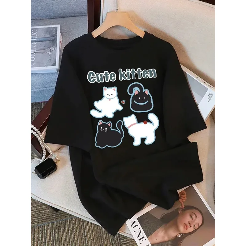

Women's Summer T-shirts Cherry and Kitten Print Tops Loose Crew Neck T-shirts Soft and Comfortable Women's Casual Resort Wear