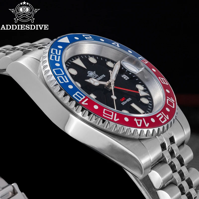 ADDIESDIVE トップブランドのステンレス鋼 GMT メンズクォーツ時計超発光 AD2050 リロイ Hombre 200 メートル防水高級ダイブウォッチ