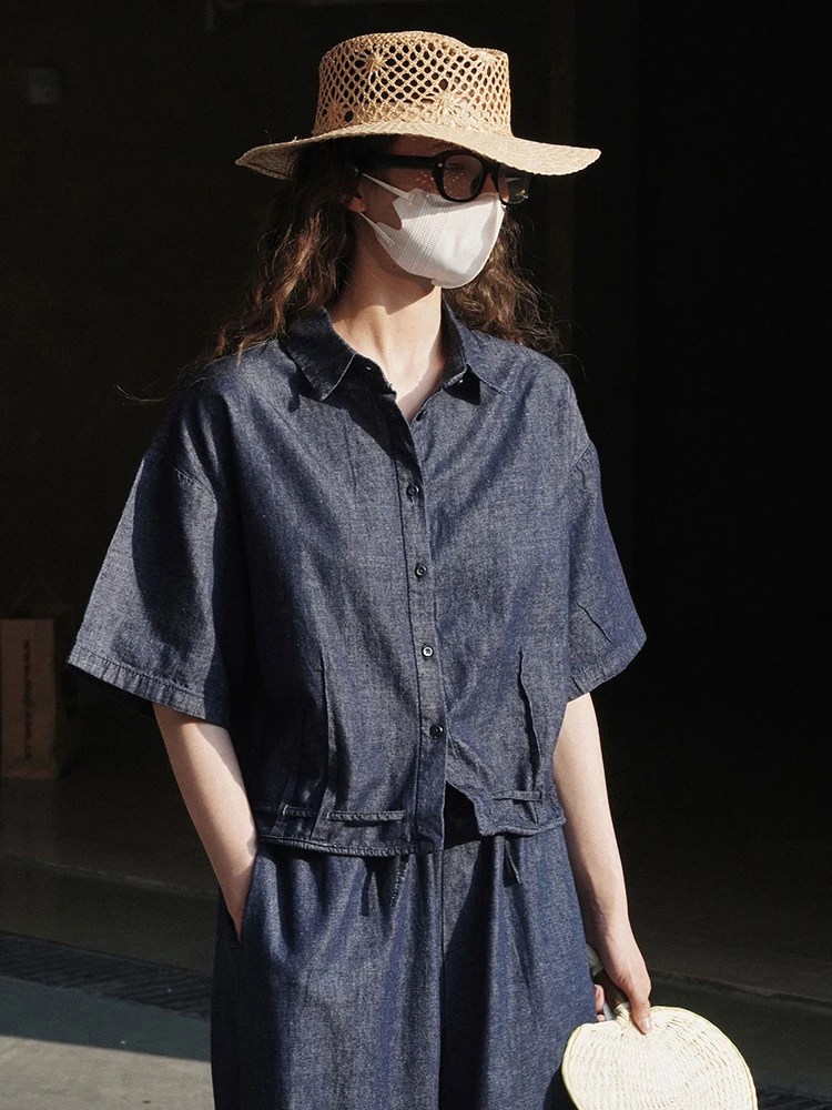 LANMREM Drawstring Denim Shirt For Women Loose Casual Lapel Short Sleeves Top Female Streetwear Clothing 2024 Summer 2DA1262