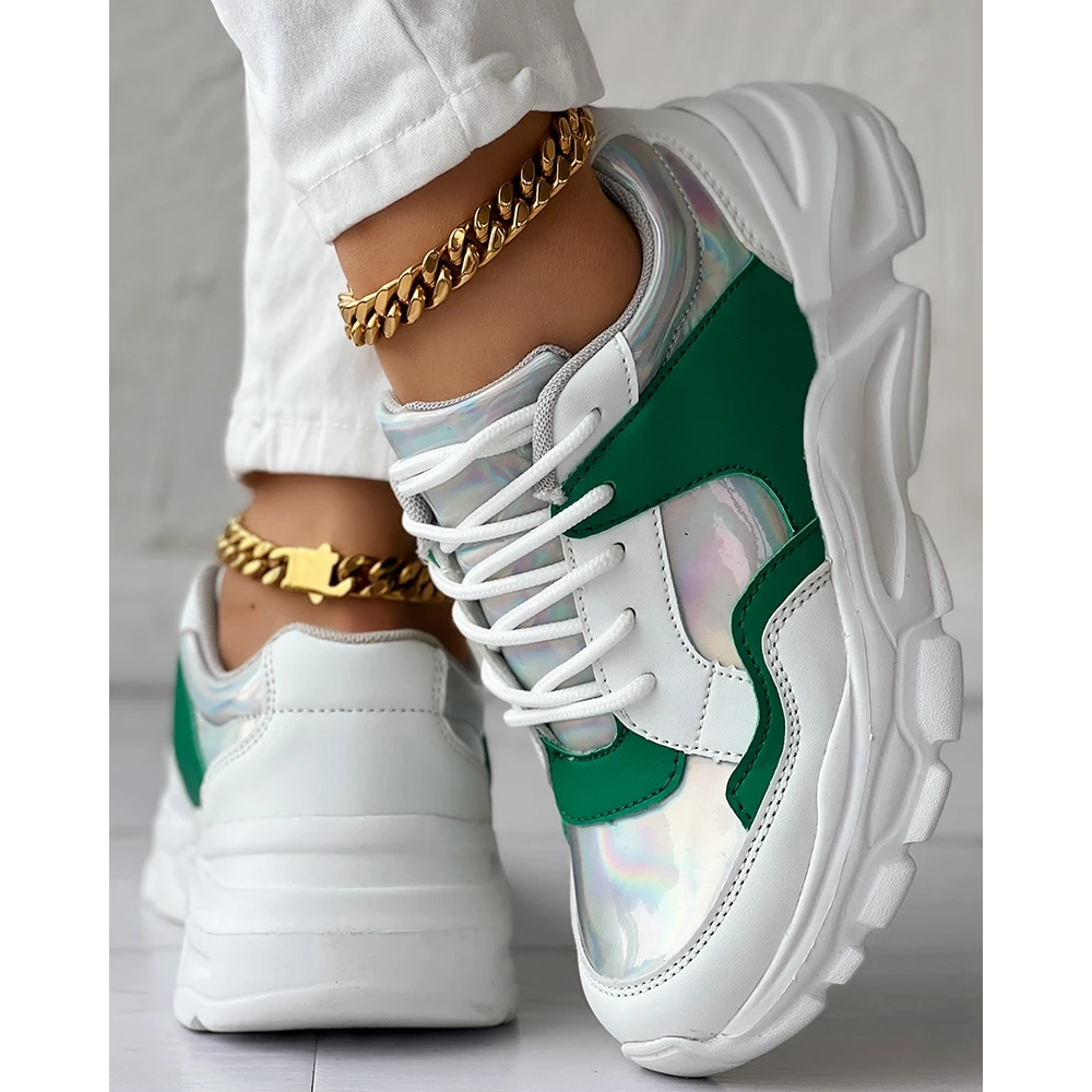 Colorblock Lace-up Sneakers for Fashion Women Daily Casual Round Toe Platform Sports Shoes Spring Fashion Going Out Green Shoes