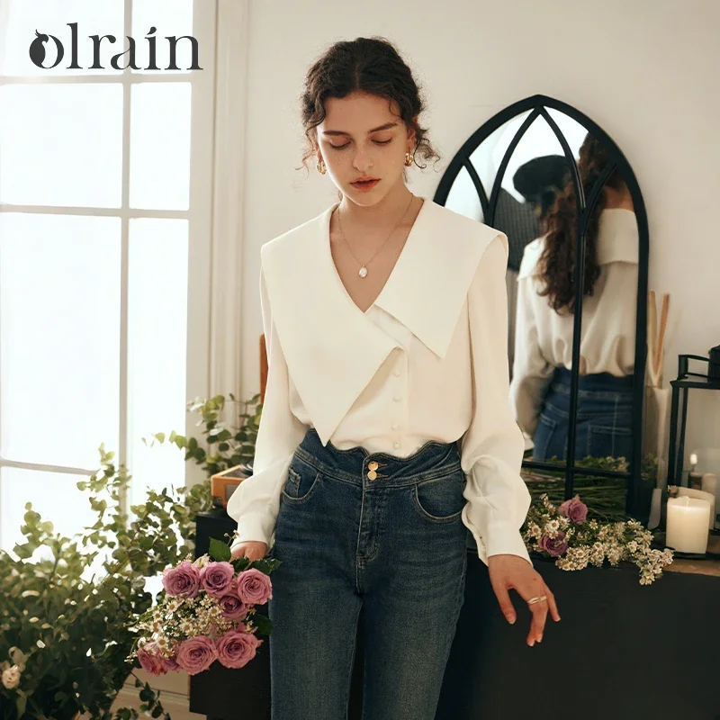 OLrain French Vintage Shirt Woman Spring 2025 New Fashion White Elegant Tops Long Sleeve Asymmetric Lapel Blouses O23QC85921