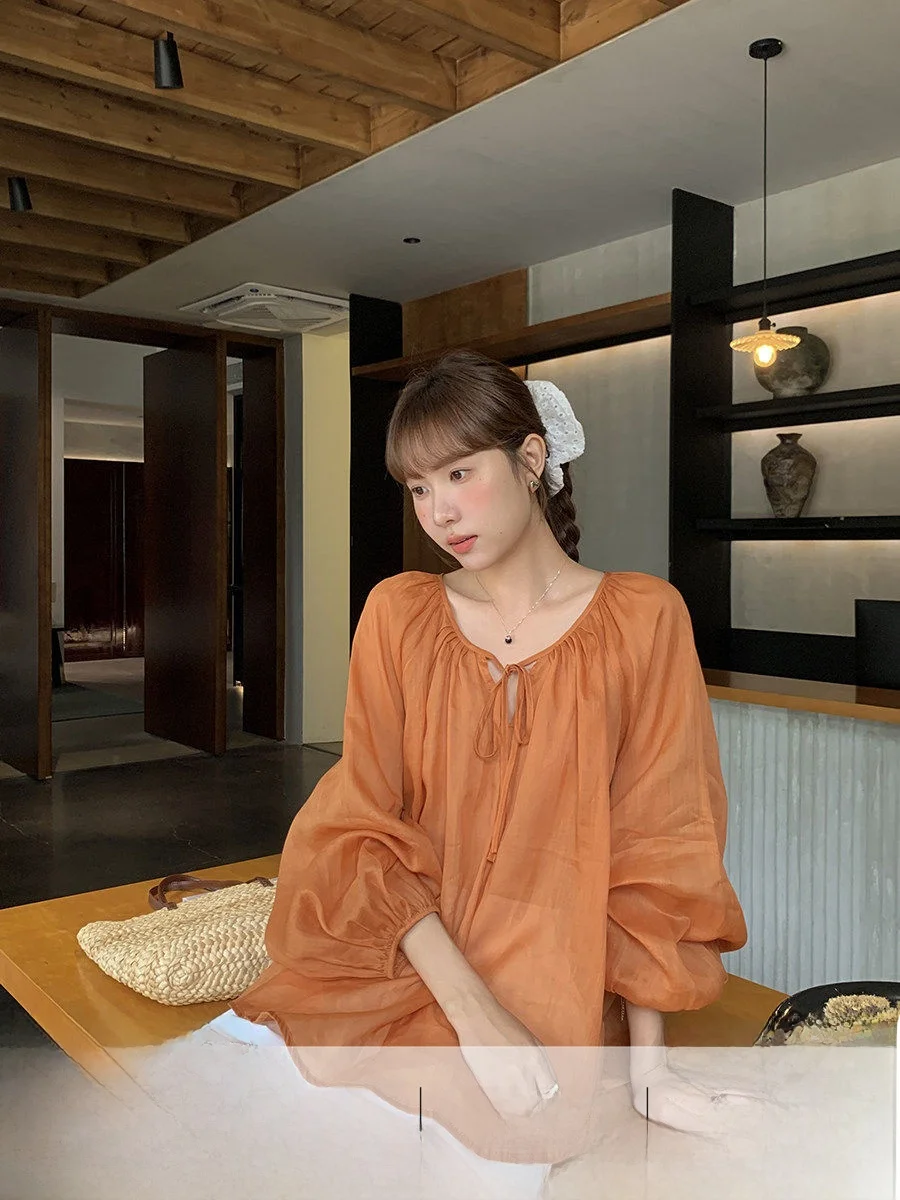 

Loose Long Sve Women's irt Summer Design Anti-Aging Versatile Top Cotton Commute Sle Korean Version Warmth V-Ne Pure...