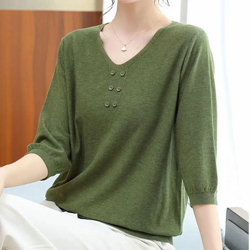 Autumn and Winter Women\'s Pullover V-neck Patchwork Button Solid Color Loose Fashion Casual Elegant Commuter Long Sleeve Sweater