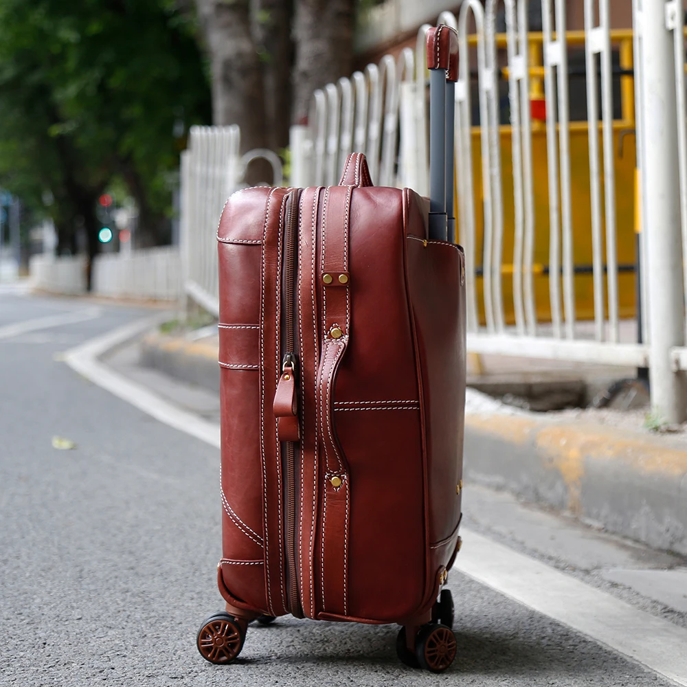 Fashions Genuine leather luggage vegetable tanned leather  trolley case silent roller business suitcase 20 inch universal wheel