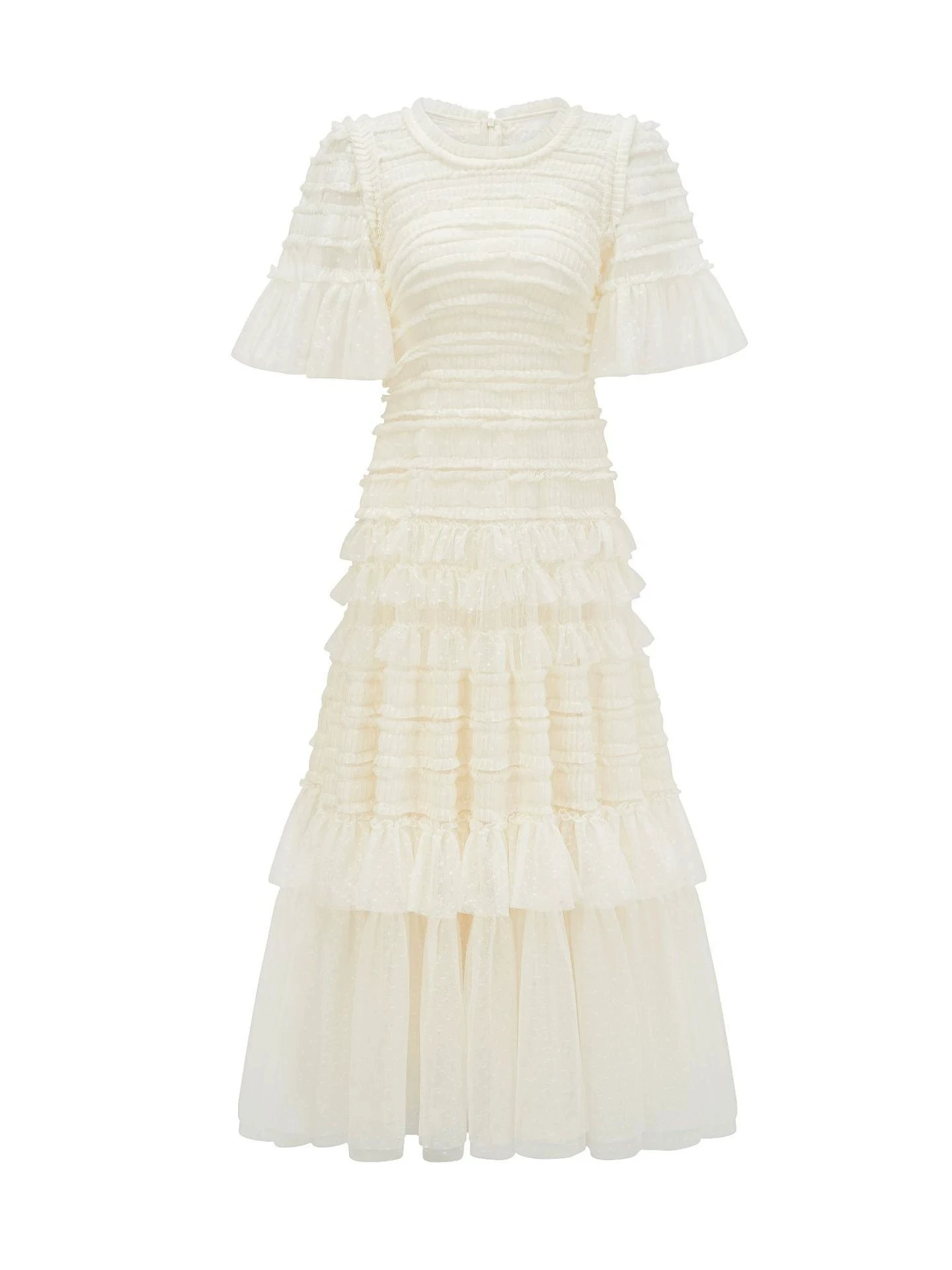 

Autumn new arrival round neck pleated mesh polka dot heavy craft skirt style short sleeve long skirt-GZXX442