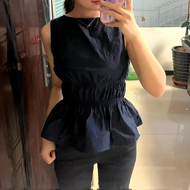

Elegant Ruffles Sleeveless Cotton Tank Tops Women Blue Tops Summer Slim French Style Double-wear Casual All Match Vest 2025