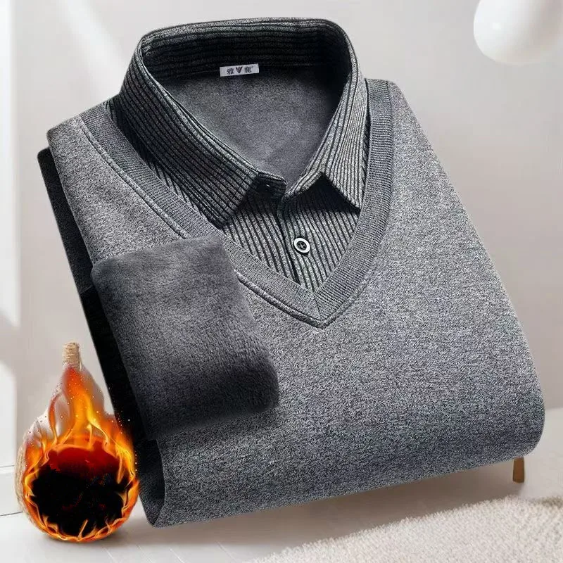 2026 Winter And Autumn Fleece Thick-Soled Sweater For Men Stylish And Casual Two-Piece Warm Top M-4XL