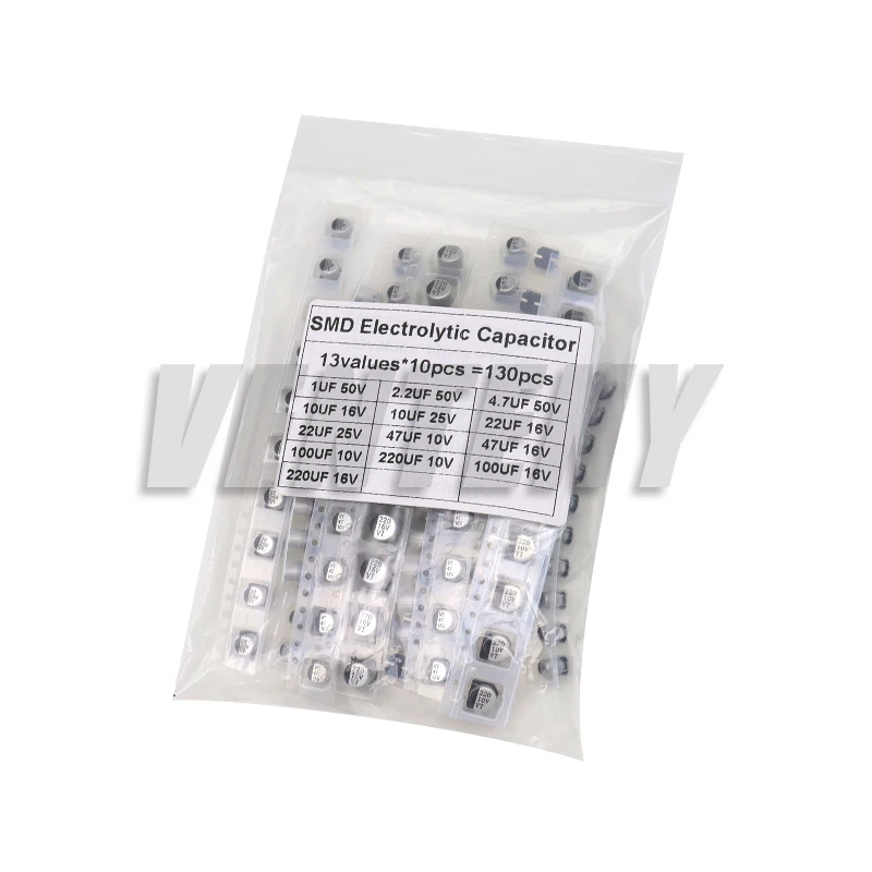 130pcs/Lot SMD Aluminum Electrolytic Capacitor Assorted Kit 1uF - 220uF 13values Each 10pcs Samples Set