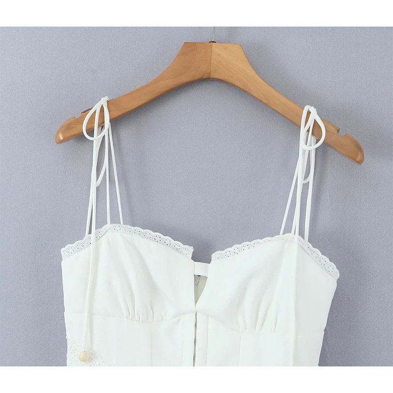 Sexy Sweet Lace Spliced White Mini Dress Women Fashion Spaghetti Strap Low Waist Beach Holiday Summer Dresses Short Robe