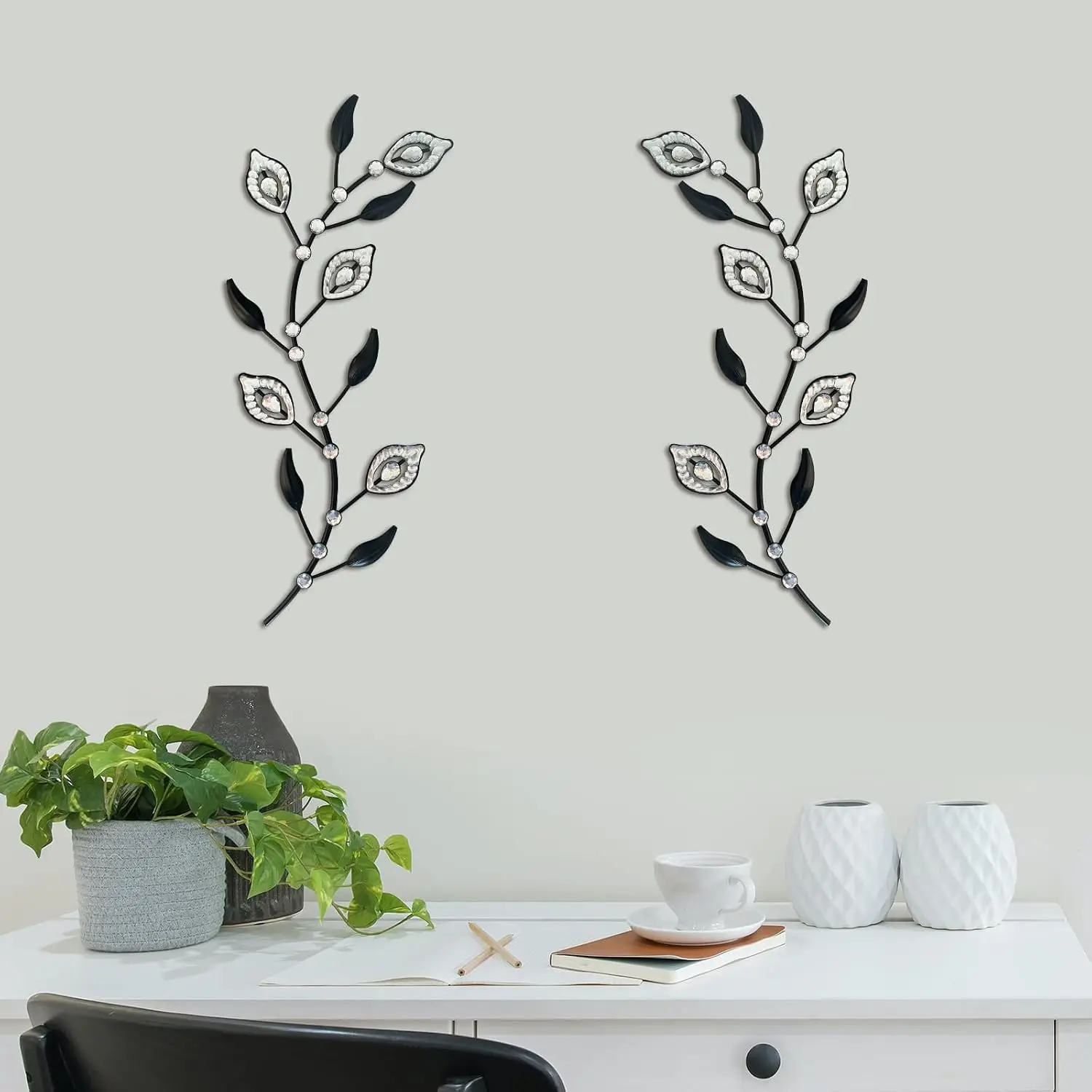 2 Set Metal Tree Leaf Wall Art for Home Decor Living Room Bedroom Dining Room Bling Rhinestone, 3D, Iron Branch, Customized