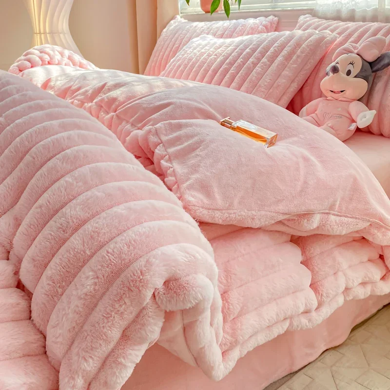 Hot furry Good Feeling New Design Rabbit Faux Fur Fluffy Plush Warm Duvet Cover Set Four-piece Bedding 