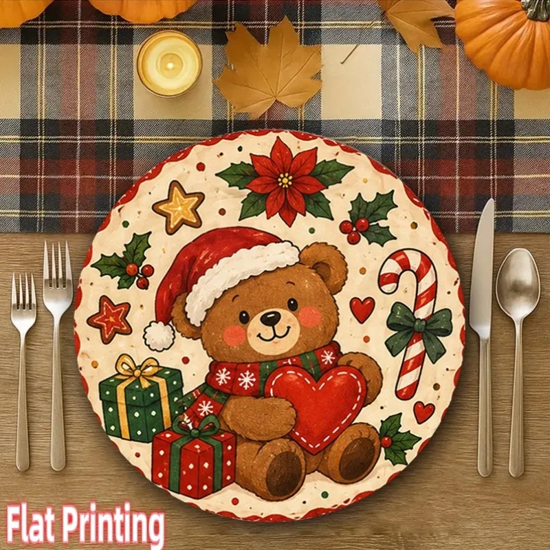 VIKAMA Linen Round Placemat, Christmas Teddy Bear with Heart, Washable Stain Resistant Easy Clean, Cozy Holiday Dining