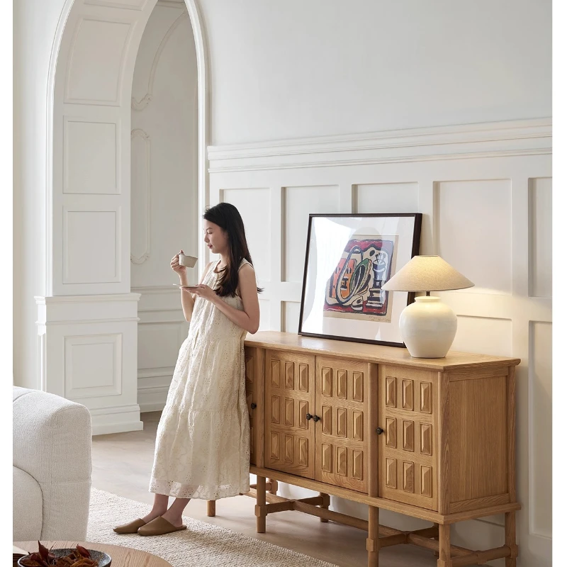 

Side cabinet French retro log style living room storage locker household entrance solid wood side cabinet #