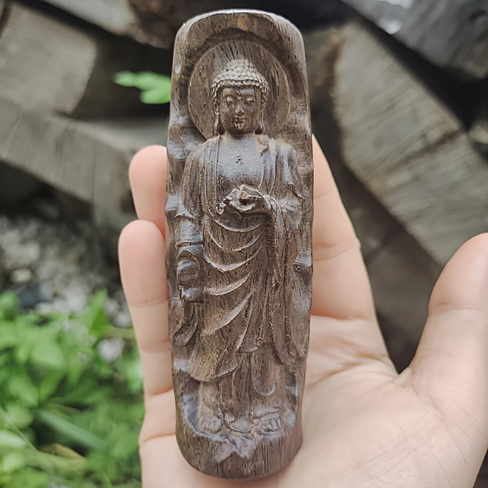 Estatua de Buda tallada a mano en madera de 3,89 pulgadas, decoración de escritorio, decoración navideña, decoración del hogar, chimenea, dormitorio, sala de estar, centro de mesa, estatua de oficina, adorno