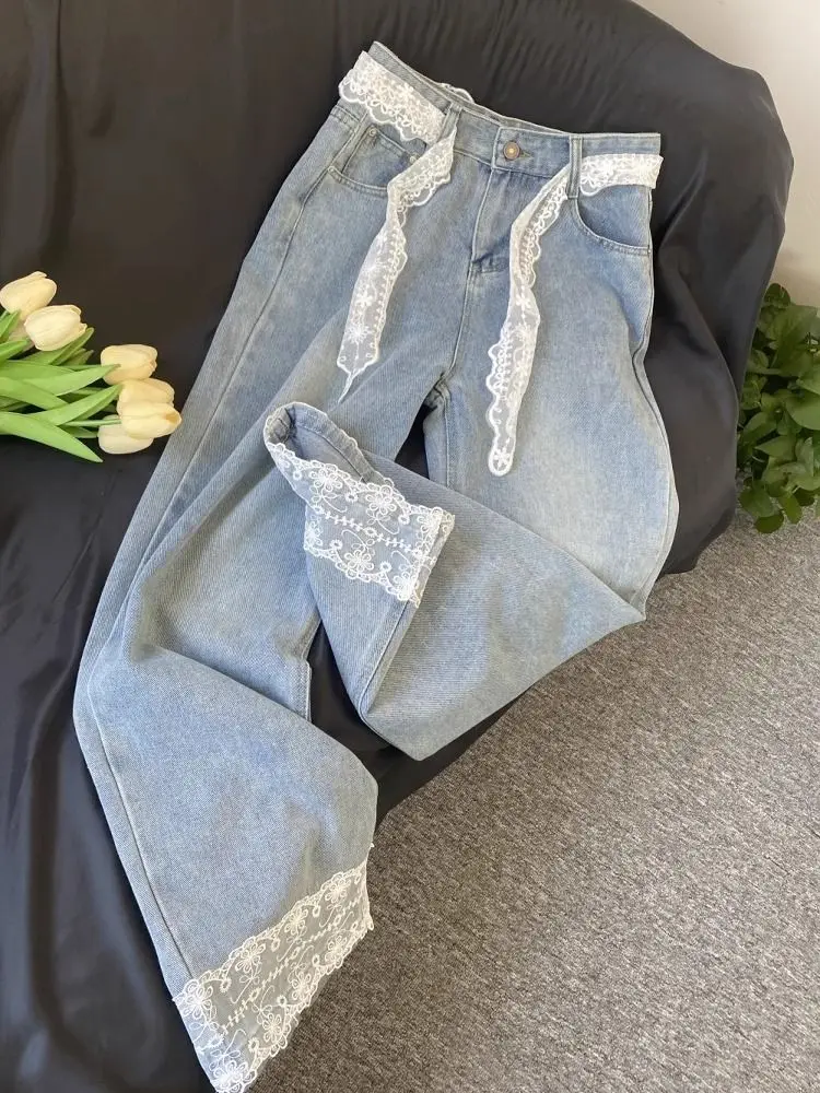 Calças de Denim de Cintura Alta com Detalhes em Renda Retro Americana para Homens e Mulheres Moda de Verão Calças Largas e So...