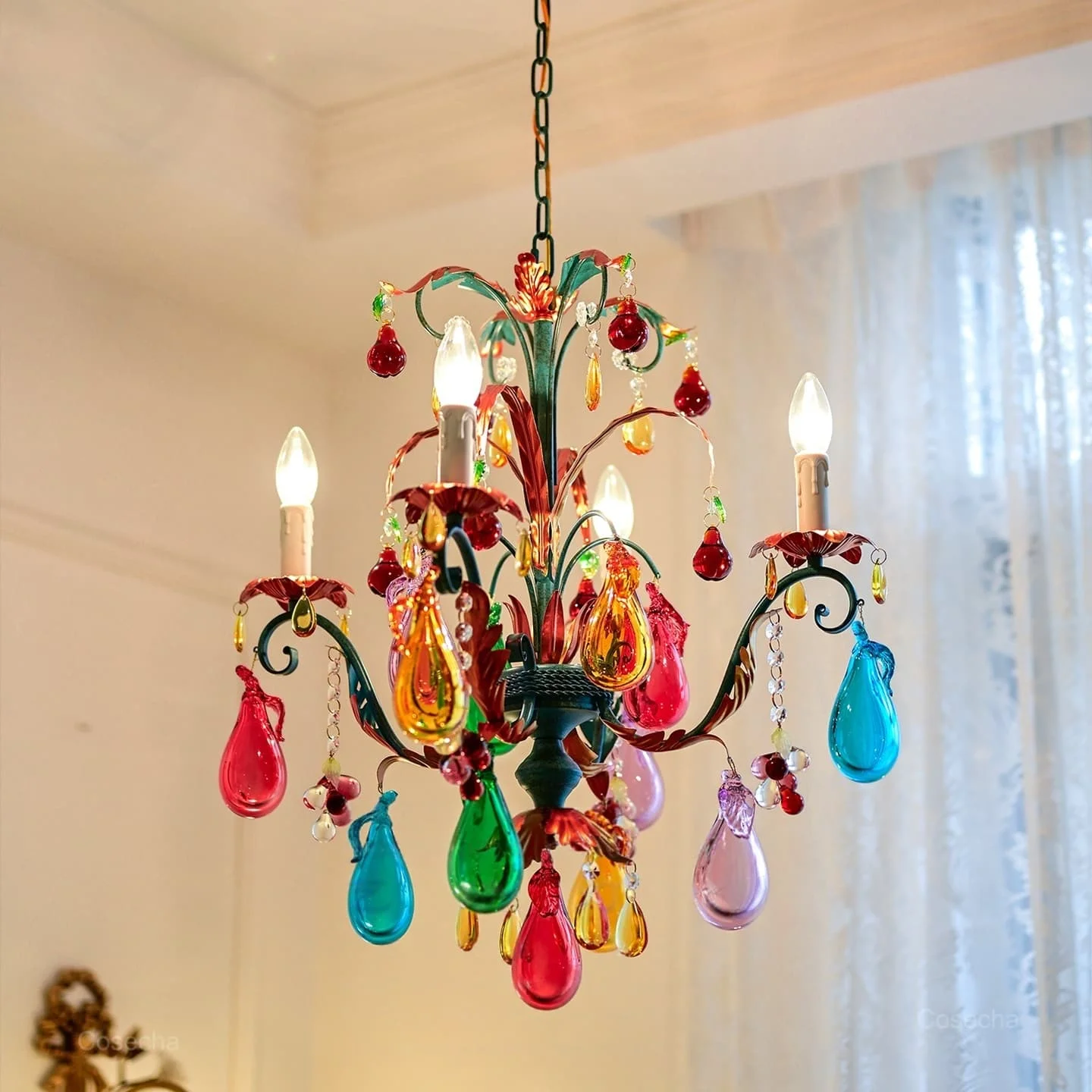 

4 Lights Bohemian Chandelier Pink/Red/Amber/Orange/Blue/Green/Gold Colorful Crystal Chandelier For Bedroom Dining Room Corridor