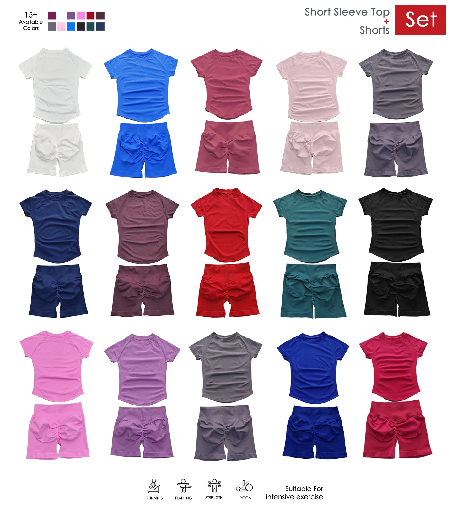 

Спортивный комплект из 2 предметов: бесшовный топ с коротким рукавом и шорты для йоги, фитнеса, бега и тренировок для женщин