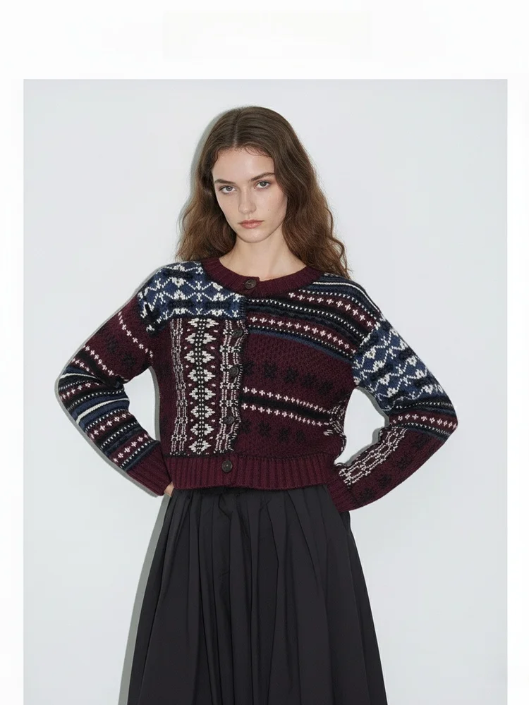 

Retro Fair Isle Patchwork Knitted ort Cardigan Women round Ne Button Floral Woolen Splicing id Pattern Sweater Coat