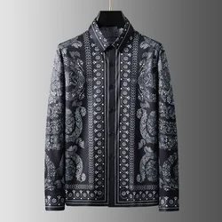 Brand Vintage Printed Shirt Men High-quality Long-sleeved Casual Business Dress Shirt Streetwear Social Party Tuxedo Blouse 2023