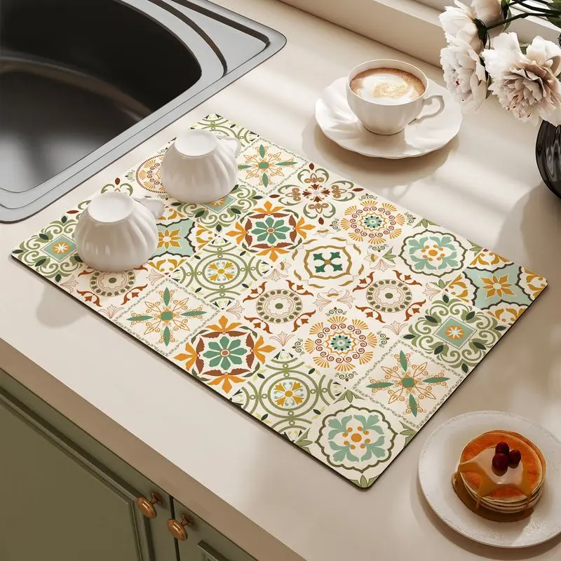 Vintage Mosaic Tile Tableware Drain Mat Moroccan Floral Absorbent Quick-Dry Non-Slip Countertop Mat Home Decor Boho Style