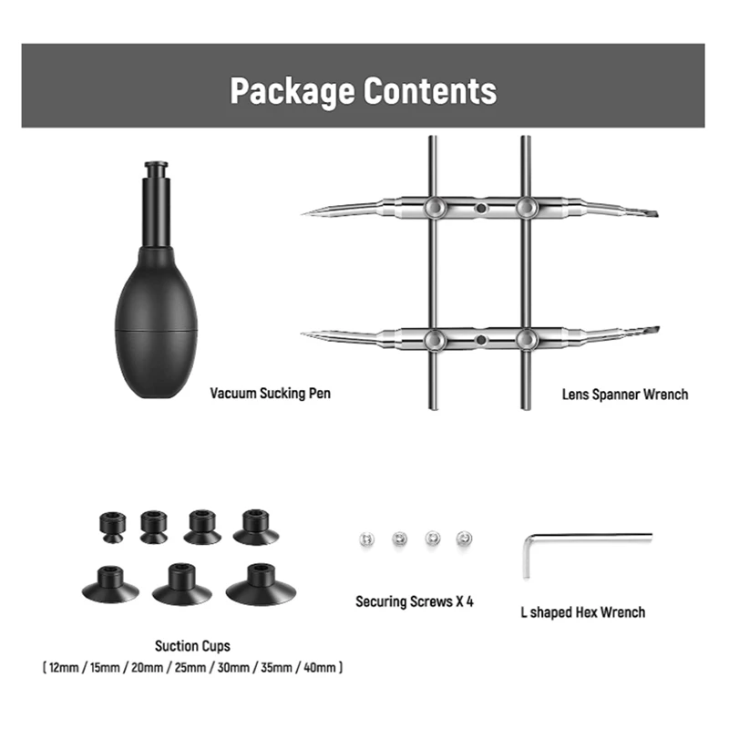 

Lens Sucker and Spanner Kit, IC Pick-Up Vacuum Suction Pen with 7 Interchangeable Suction Cups and Curved Tips