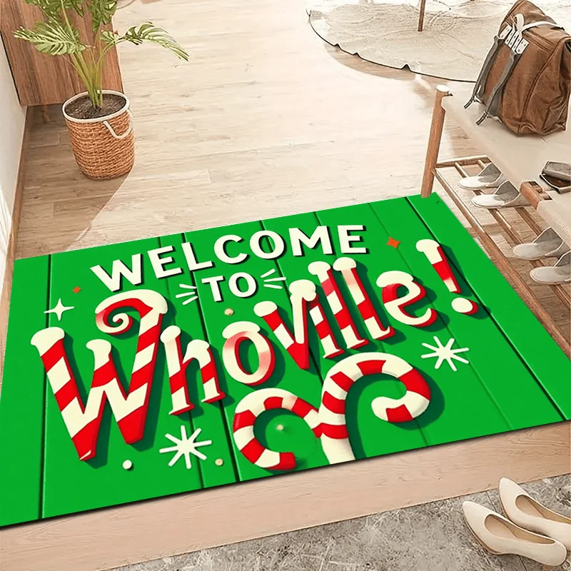 Tapis de bienvenue Whoville, rayures de canne à sucre inspirées du Dr Seuss, antidérapant, doux, absorbant, lavable en machine pour la décoration d'entrée