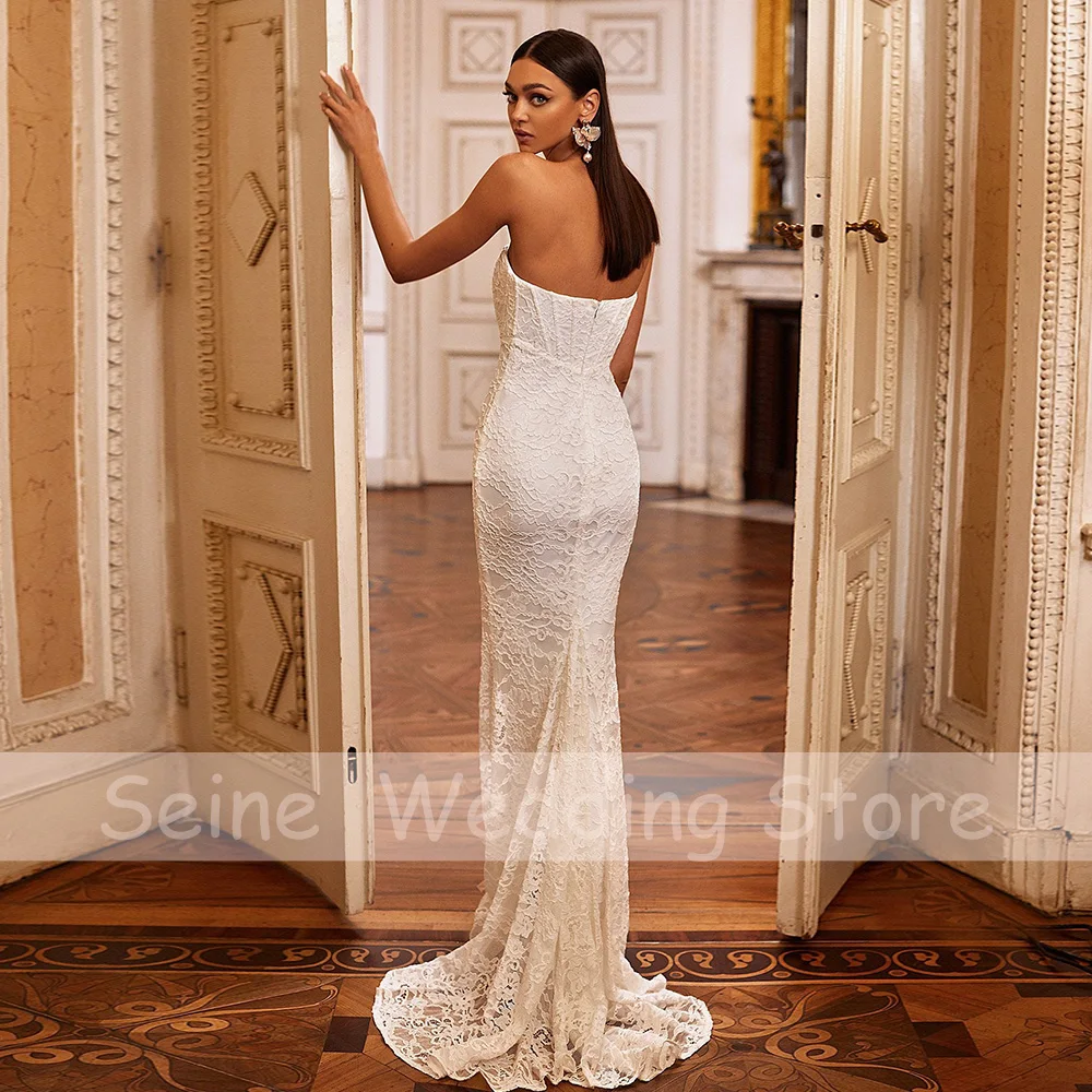 Kanten Trouwjurk Strapless Liefje Lange Eenvoudige Jurken 2022 Elegante Mouwloze Zeemeermin Bruid Robe De Mariee