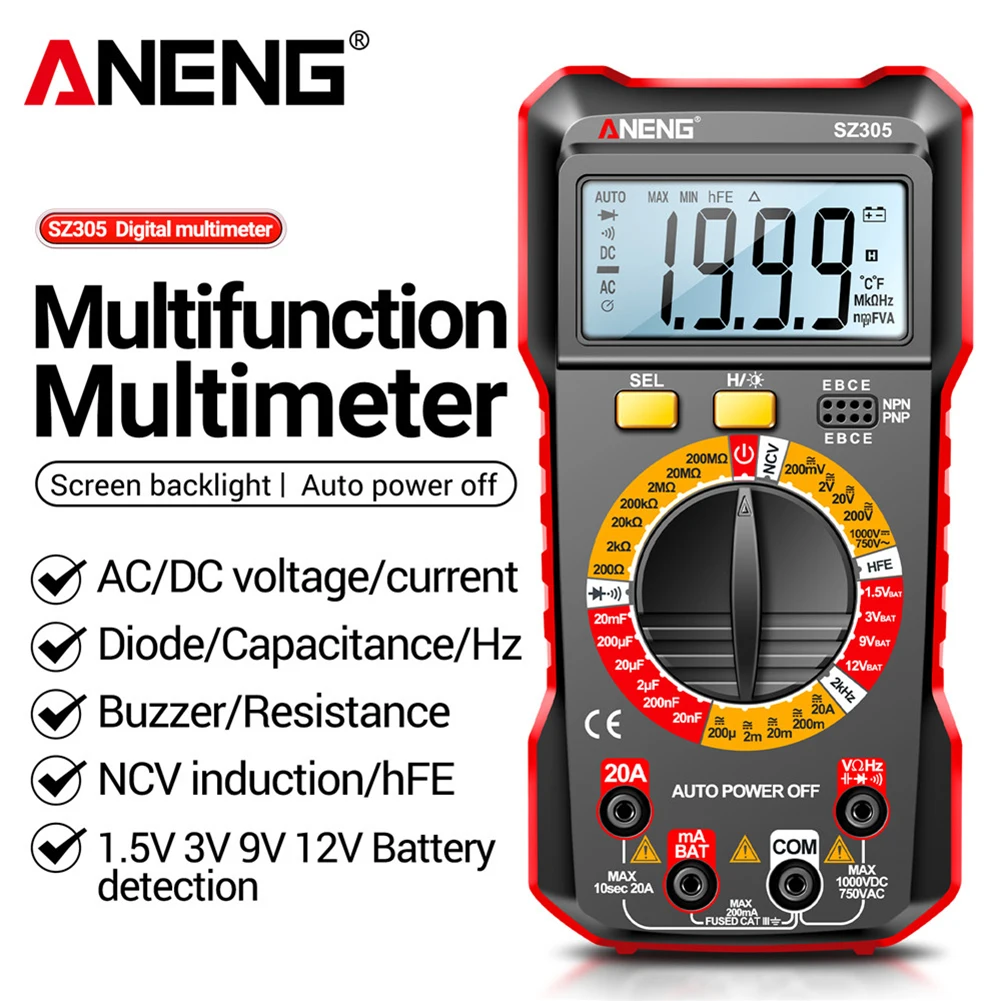 ANENG SZ305 1999 Count Professional Multimeter AC/DC Voltage Tester Ammeter Capacitor hFE Triode Hz Detector Electrician Tools