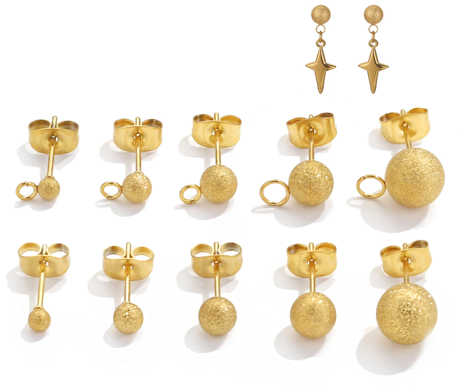 20pcs Frosted PVD Plated Gold Mute Ball Post Earring Studs Ear Pin with Loop with Butterfly Earring Back for DIY Jewelry Making