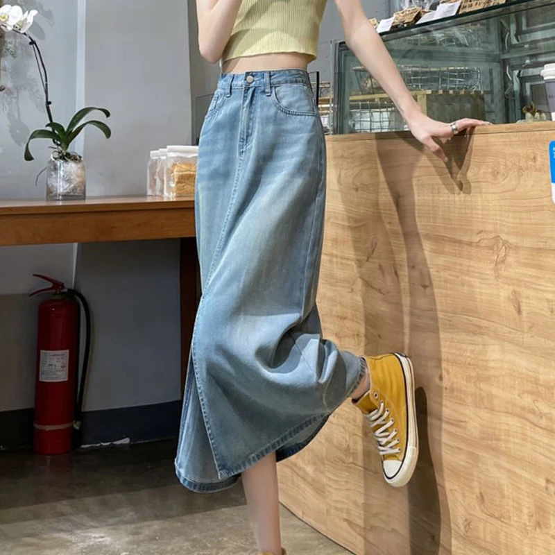 

Summer Women Denim Skirts Elegant High Waist A-line Slit Skirts Solid Color Simple Thin Mid Length Female Skirts