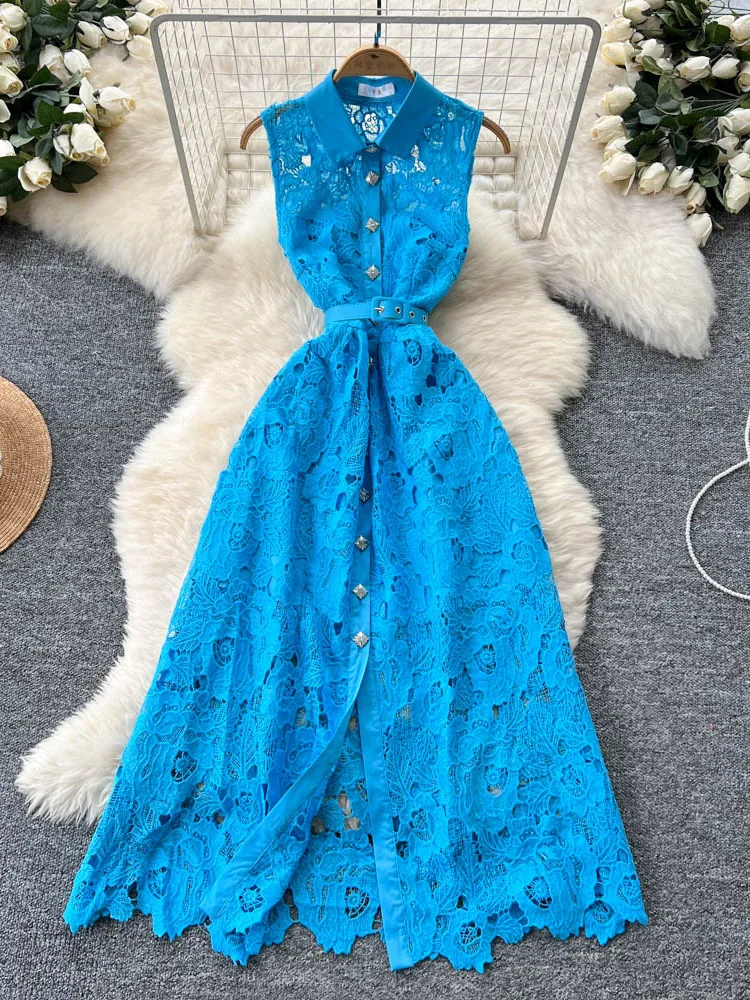 

Ele Hollow out Lace Dr Women's Summer Svel Belted Waist Long Cardigan Sle Mid-Length A-Line Korean Version