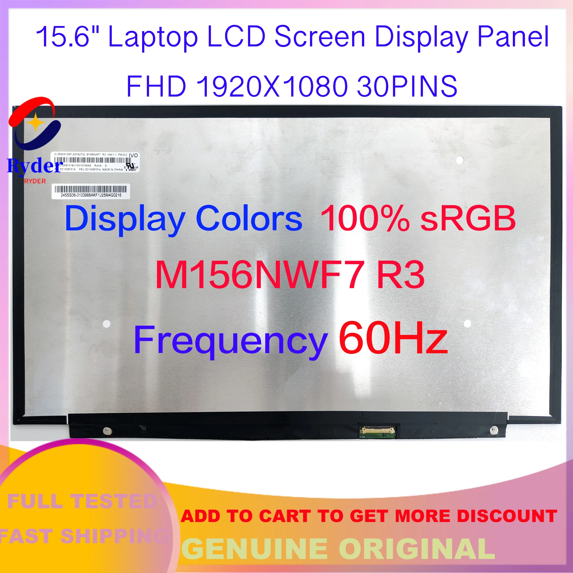 M156NWF7 R3 IVO061F 15.6 Inch IPS Laptop LCD Screen Display Panel 100% sRGB FHD 1920*1080 30pins EDP 60HZ P/N SD10X81519