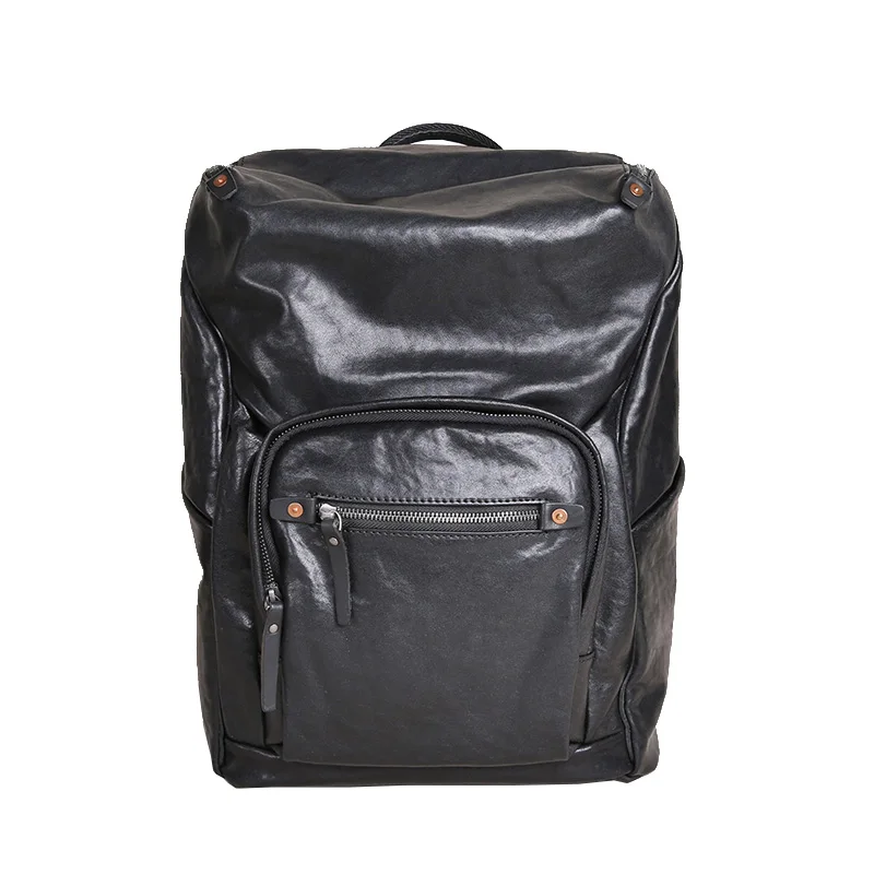 casual designer luxury handmade first layer cowhide men's backpacks outdoor travel genuine leather large black schoolbags
