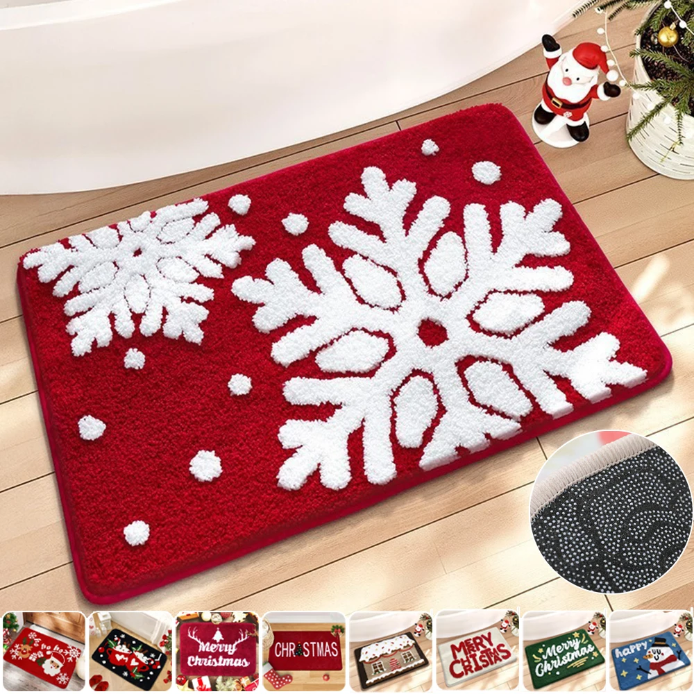 

Soft Christmas Mat Non-slip Rugs Xmas Absorbent Doormat Floor Mat with Snowman Santa Claus Pattern Bath Mats for Indoor Bedroom
