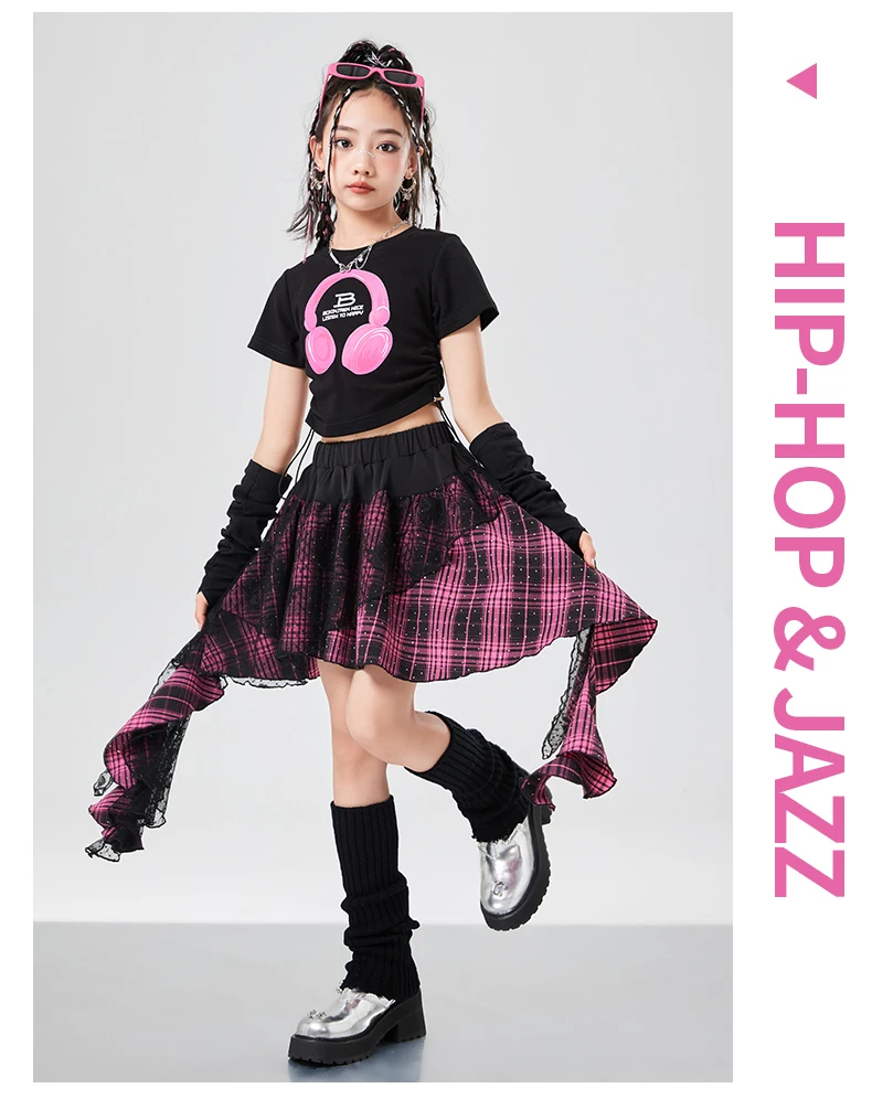 Kinder Hip-Hop Mode-Set, Rapper-Kleidung für Mädchen, T-Shirt, Rock, Hip-Hop-Outfit, Kinder-Tanzkleidung, Streetwear, Y2K-Kostüm – Detail 6