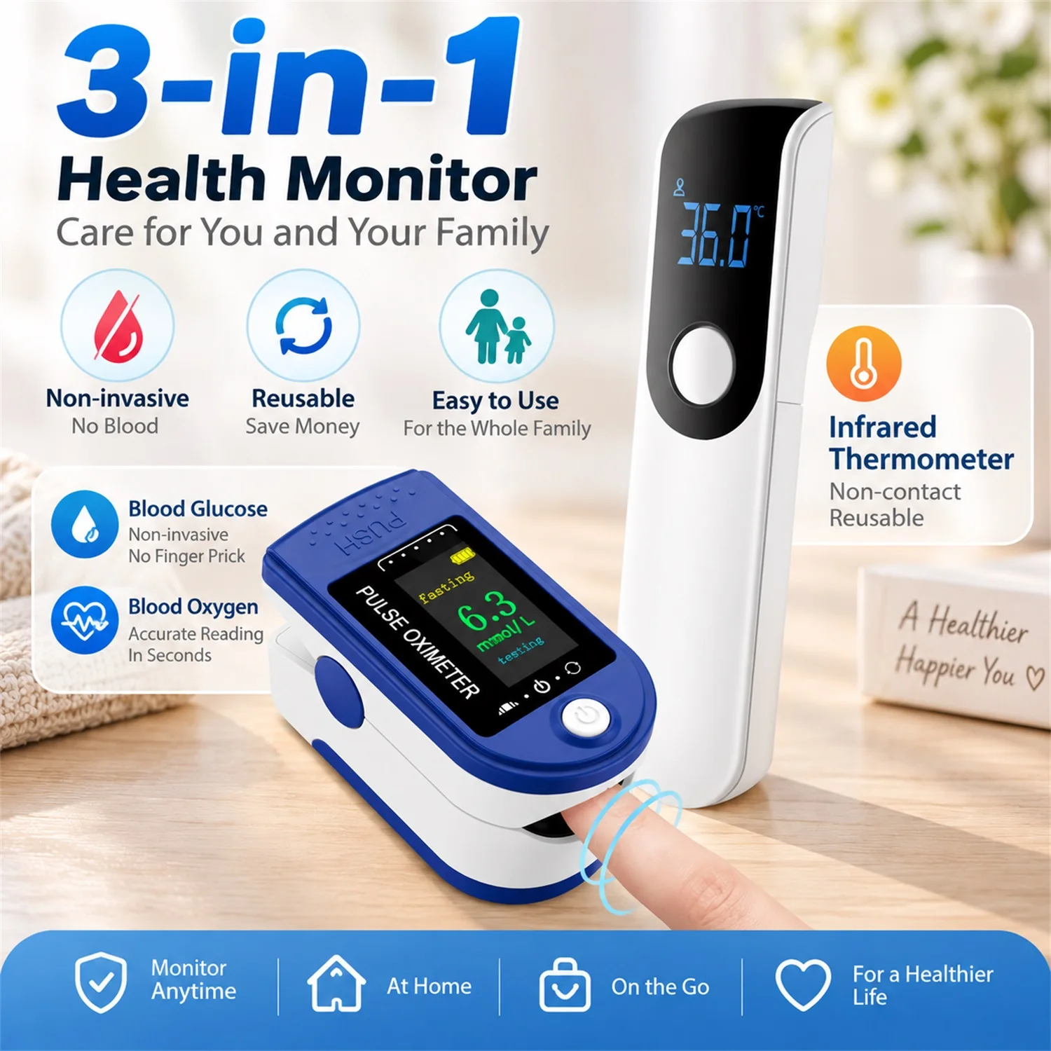 2 in 1 No Finger Prick Finger Blood Glucose & Oxygen Detector,Non-contact Infrared Forehead Thermometer Digital Temperature Mete
