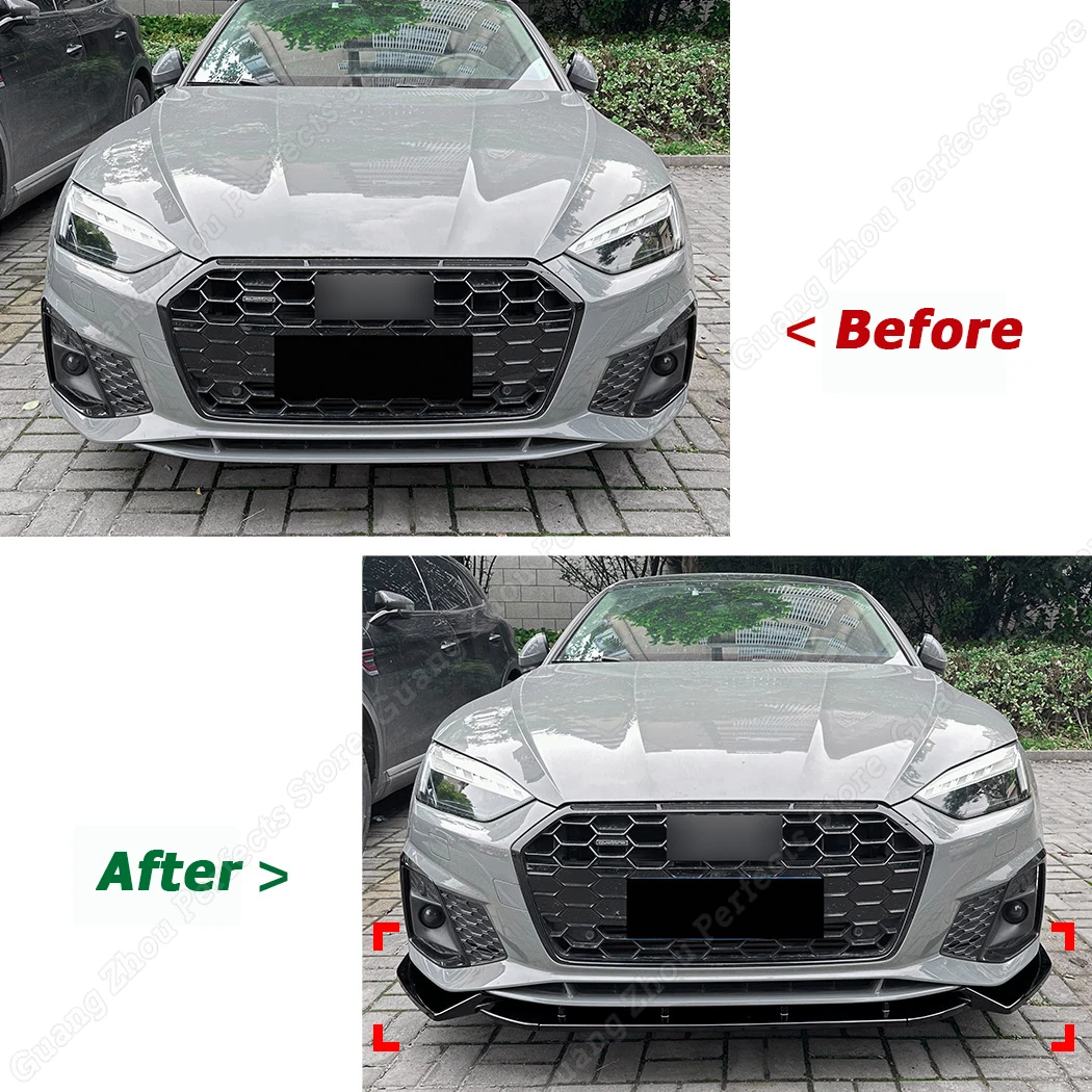 3Pcs Front Bumper Lip Chin Spoiler Splitter Diffuser Bodykit For AUDI A5 Sline S5 8W6 2021-2024+ Facelift Gloss Black Plastic