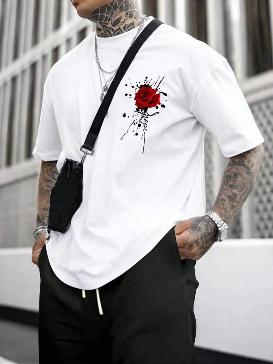 Camiseta de algodón para hombre, diseño de salpicaduras de tinta rosa, Camiseta de algodón puro de marca estampada a la moda, manga corta, cuello redondo Unisex, versátil