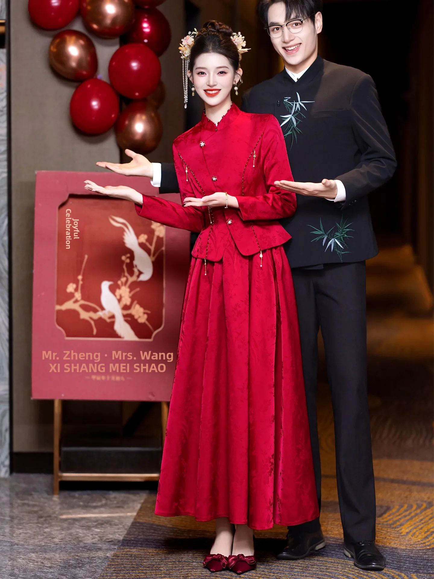 

New Chinese Sle Wedding Dr Ele Pearl Embellied Long Sve Midi Skirt for Engagement And Wedding Day Celebration