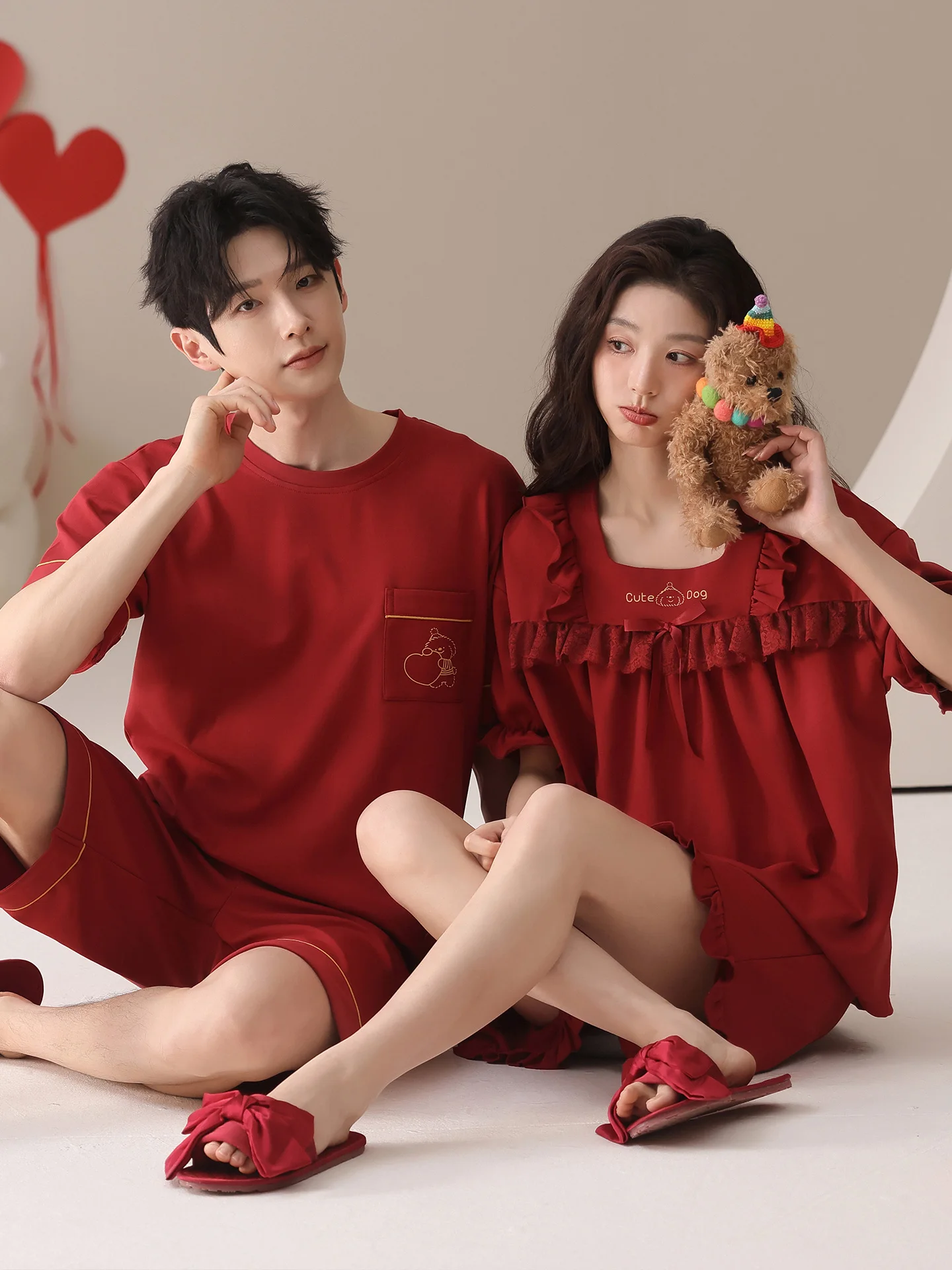 red-cotton-couples-pajamas-summer-lightweight-short-sleeve-home-wear-suit-wedding-engagement-outwear-comfortable-breathable